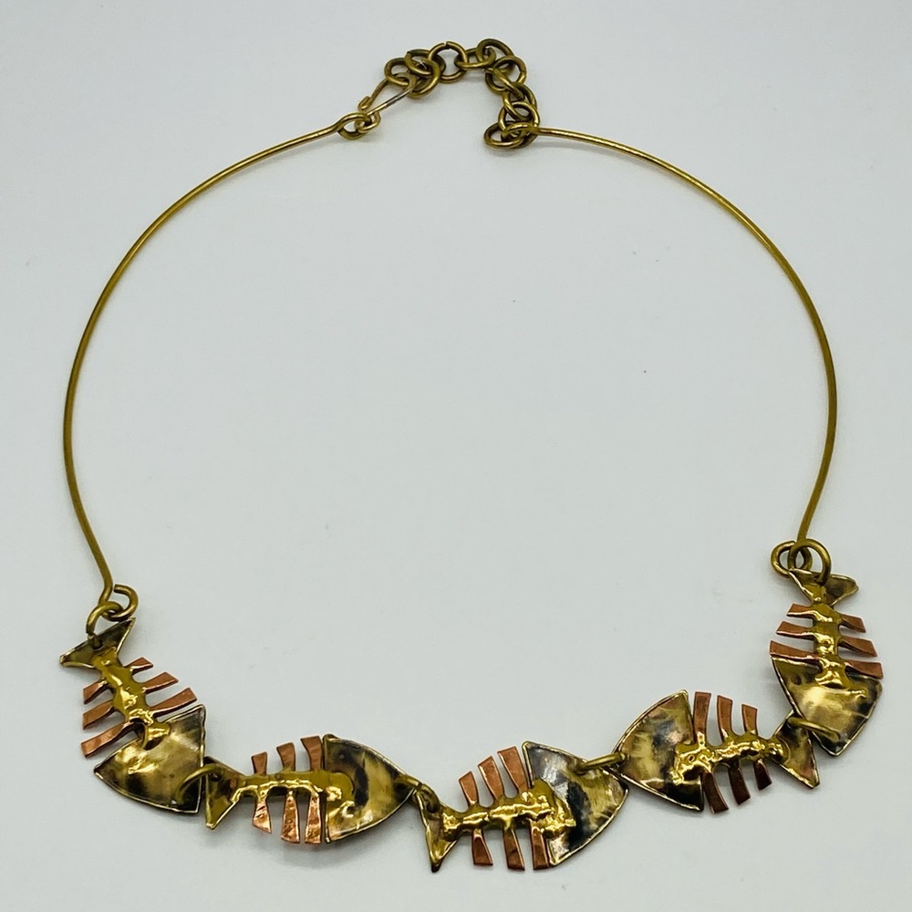 Vintage Brass & copper Fishbone Necklace Choker